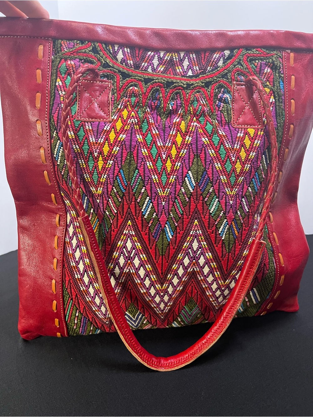 Arloom Handcrafted Red Woven Tote Bag with Leather Trim NWT - Picture 4 of 9